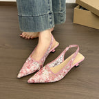 Women's Slingback Pumps Floral Lace Mesh Pointed-Toe Kitten Heels Shoes