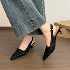 Women's Slingback Pumps Floral Lace Mesh Pointed-Toe Kitten Heels Shoes
