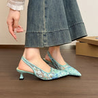 Women's Slingback Pumps Floral Lace Mesh Pointed-Toe Kitten Heels Shoes
