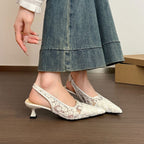 Women's Slingback Pumps Floral Lace Mesh Pointed-Toe Kitten Heels Shoes