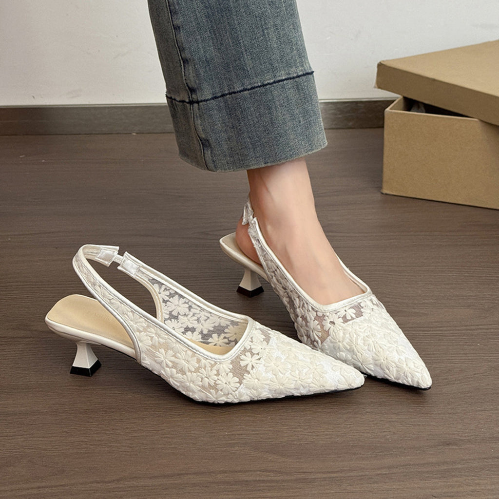 Women's Slingback Pumps Floral Lace Mesh Pointed-Toe Kitten Heels Shoes