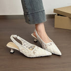 Women's Slingback Pumps Floral Lace Mesh Pointed-Toe Kitten Heels Shoes