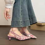 Women's Slingback Pumps Floral Lace Mesh Pointed-Toe Kitten Heels Shoes