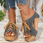 Women's Wedge Sandals Canvas Lace Up Rubber Open Toe Casual Platforms