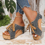 Women's Wedge Sandals Canvas Lace Up Rubber Open Toe Casual Platforms