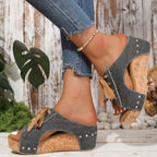 Women's Wedge Sandals Canvas Lace Up Rubber Open Toe Casual Platforms