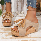 Women's Wedge Sandals Canvas Lace Up Rubber Open Toe Casual Platforms