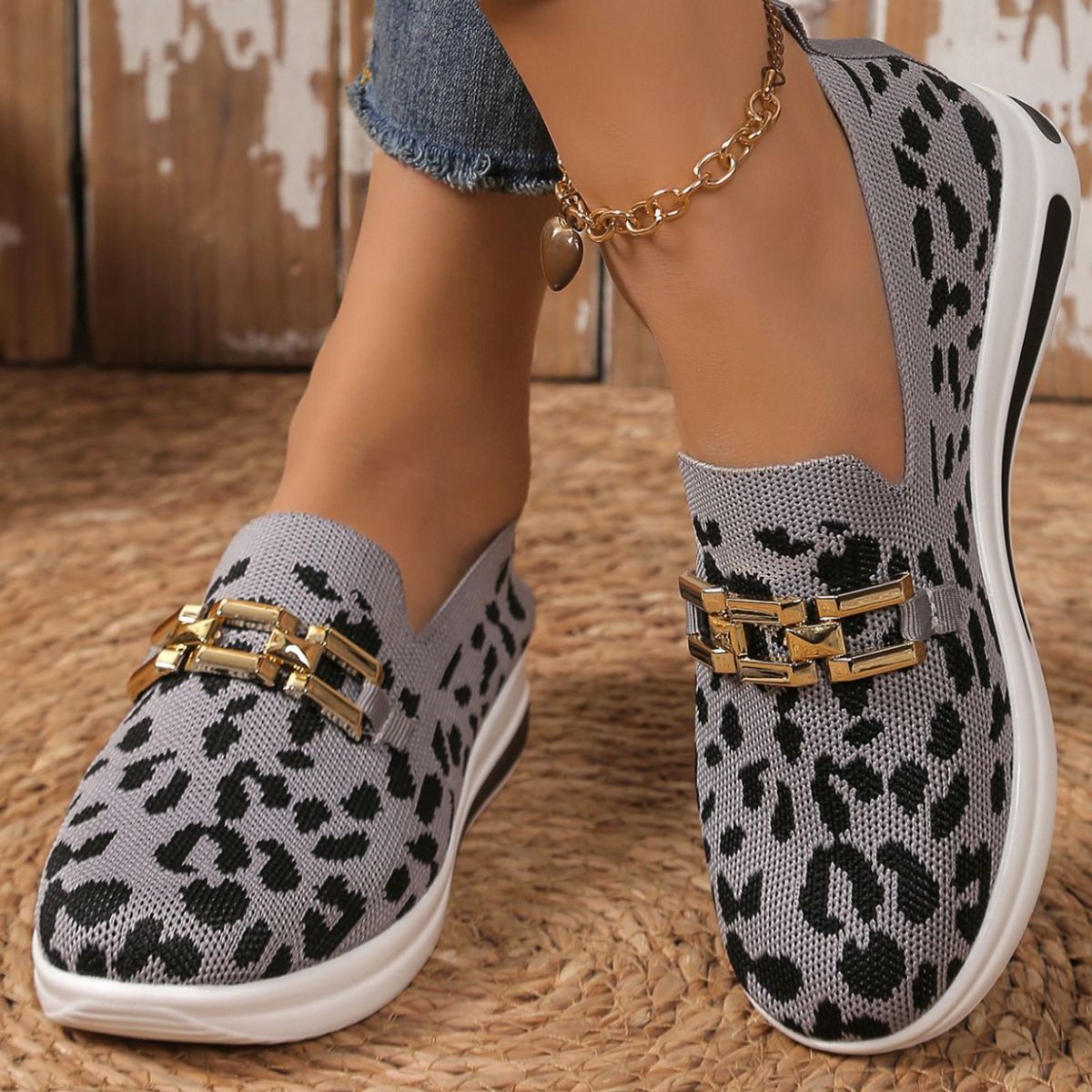 Women's Casual Leopard Mesh Slip-Ons Flat Breathable Sneakers Shoes
