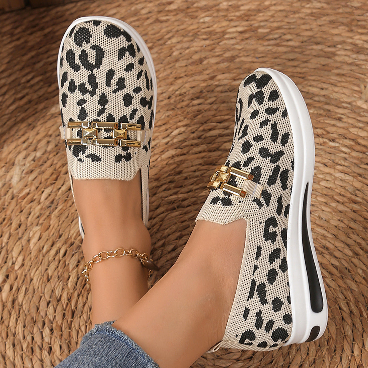 Women's Casual Leopard Mesh Slip-Ons Flat Breathable Sneakers Shoes