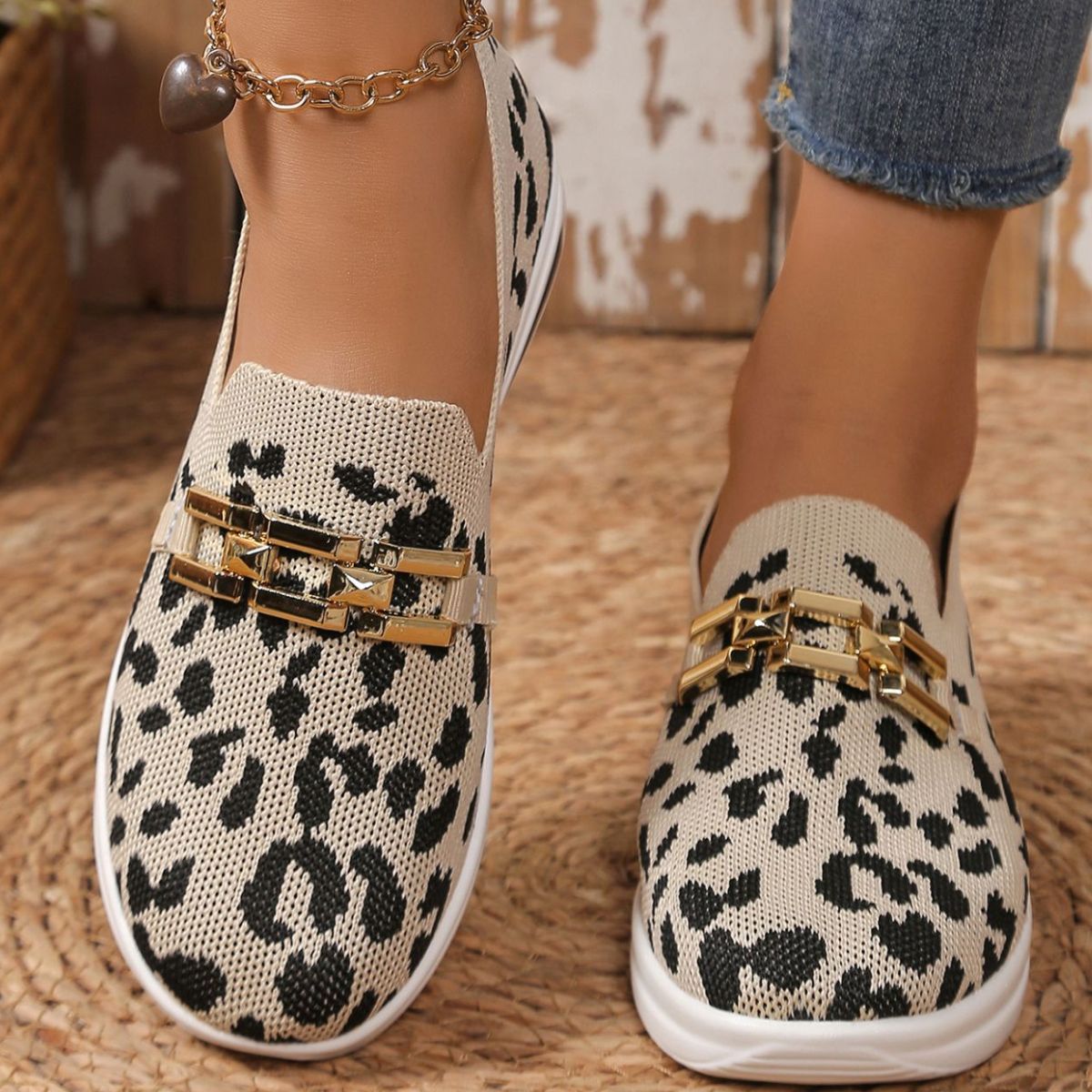 Women's Casual Leopard Mesh Slip-Ons Flat Breathable Sneakers Shoes
