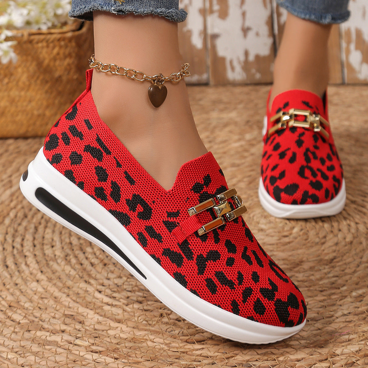 Women's Casual Leopard Mesh Slip-Ons Flat Breathable Sneakers Shoes