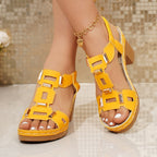 Women's Casual Block Heels Sandals Cut Out Open Toe Mid Heels Summer Shoes
