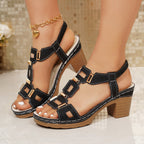 Women's Casual Block Heels Sandals Cut Out Open Toe Mid Heels Summer Shoes