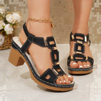 Women's Casual Block Heels Sandals Cut Out Open Toe Mid Heels Summer Shoes