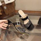Women's Block High Heels Sandals Sequin Rhinestone Open Toe Shoes