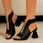 Women's Heels Sandals Cut Out Woven Pu Leather Open Toe Block High Heels