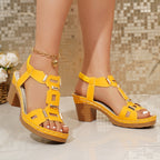 Women's Casual Block Heels Sandals Cut Out Open Toe Mid Heels Summer Shoes