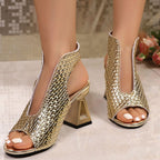 Block Heels Sandals Cut Out Woven Pu Leather Hight Heel Open Toe Shoes