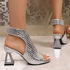 Block Heels Sandals Cut Out Woven Pu Leather Hight Heel Open Toe Shoes