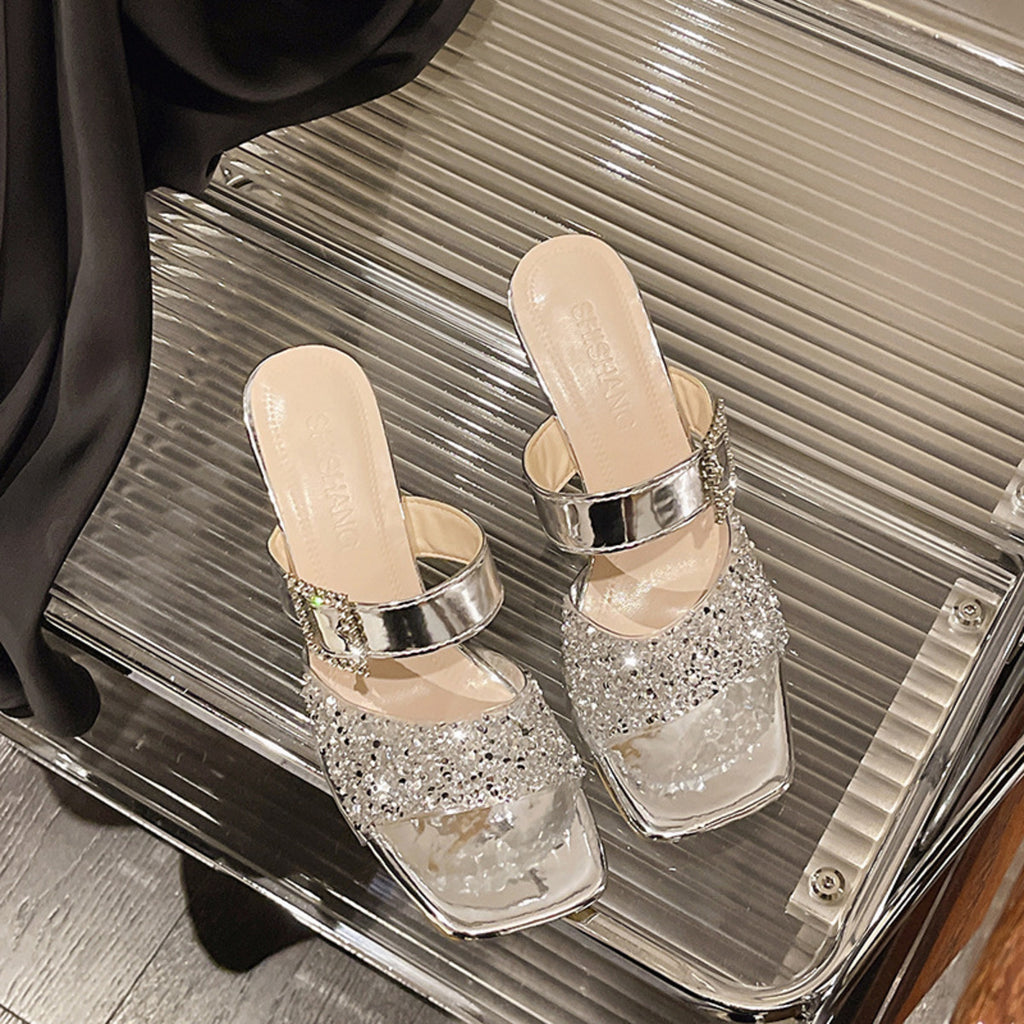 Women's Block High Heels Sandals Sequin Rhinestone Open Toe Shoes