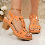 Women's Casual Block Heels Sandals Cut Out Open Toe Mid Heels Summer Shoes