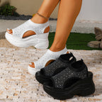 Casual Wedge Platform Sandals Rhinestone Beaded Cut Out Rubber Open Toe Shoes