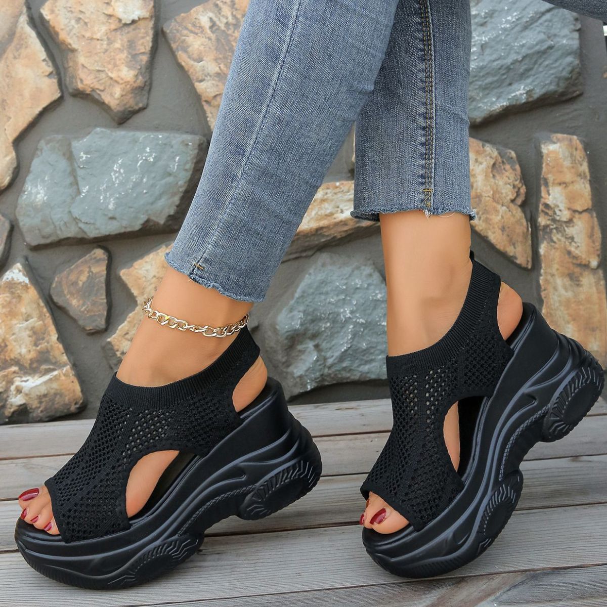 Women's Casual Wedge Sandals Mesh Platforms Rubber Open Toe Summer Shoes