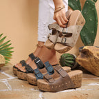 Casual Wedge Platform Sandals Double Buckle Strap Open Toe Mid Heels Shoes