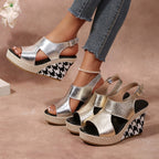 Women's Wedge Sandals Open Toe High Heels Metalic Pu Leather Shoes