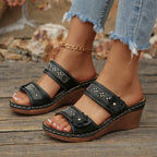 Women's Wedge Sandals Open Toe Floral Boho Studed Pu Leather Mid Heel Shoes