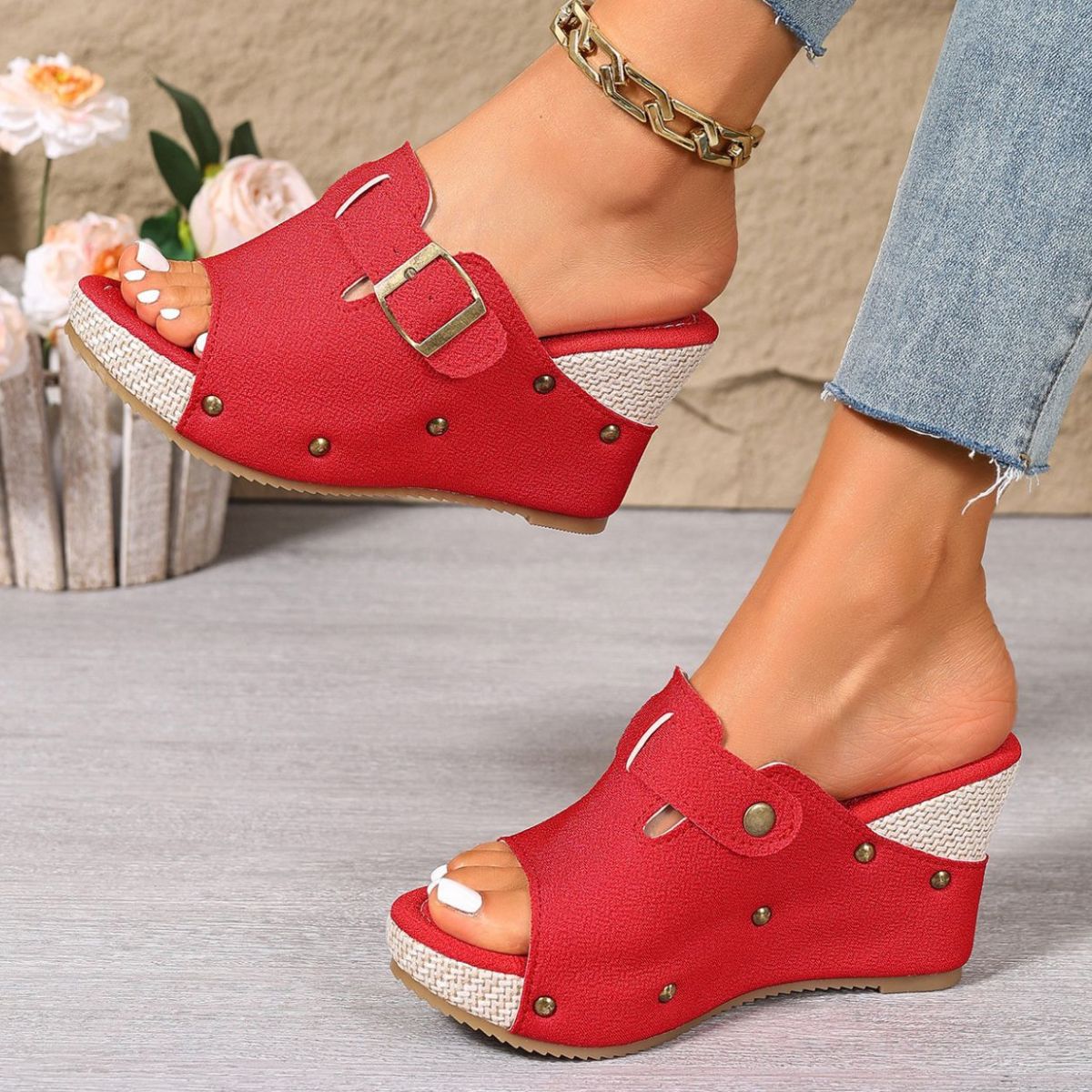 Wedge Sandals Open Toe Buckle Casual Summer Women's Stud High Heel Shoes