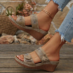 Women's Wedge Sandals Open Toe Floral Boho Studed Pu Leather Mid Heel Shoes