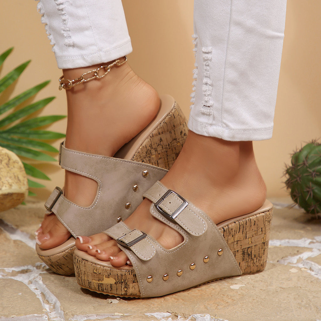Casual Wedge Platform Sandals Double Buckle Strap Open Toe Mid Heels Shoes