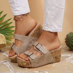 Casual Wedge Platform Sandals Double Buckle Strap Open Toe Mid Heels Shoes