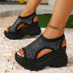 Casual Wedge Platform Sandals Rhinestone Beaded Cut Out Rubber Open Toe Shoes