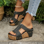 Casual Wedge Sandals Zipper Studded Open Toe Mid Heels Summer Shoes