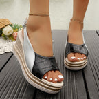 Damen Keilsandalen Offene Spitze PU-Leder Schnallenriemen Freizeitschuhe