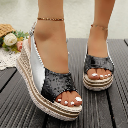 Women's Wedge Sandals Open Toe Pu Leather Buckle Strap Casual Shoes