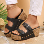 Casual Wedge Platform Sandals Double Buckle Strap Open Toe Mid Heels Shoes