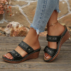 Women's Wedge Sandals Open Toe Floral Boho Studed Pu Leather Mid Heel Shoes