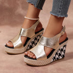 Women's Wedge Sandals Open Toe High Heels Metalic Pu Leather Shoes