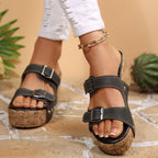 Casual Wedge Platform Sandals Double Buckle Strap Open Toe Mid Heels Shoes