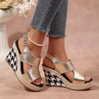 Women's Wedge Sandals Open Toe High Heels Metalic Pu Leather Shoes