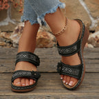 Women's Wedge Sandals Open Toe Floral Boho Studed Pu Leather Mid Heel Shoes