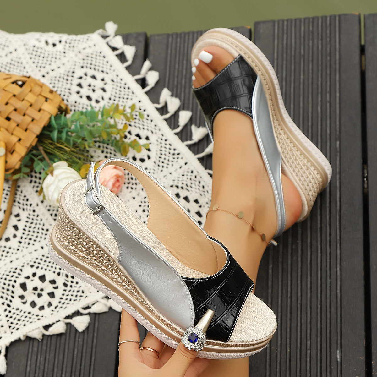 Women's Wedge Sandals Open Toe Pu Leather Buckle Strap Casual Shoes