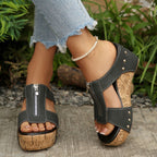Casual Wedge Sandals Zipper Studded Open Toe Mid Heels Summer Shoes