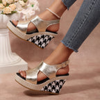 Women's Wedge Sandals Open Toe High Heels Metalic Pu Leather Shoes