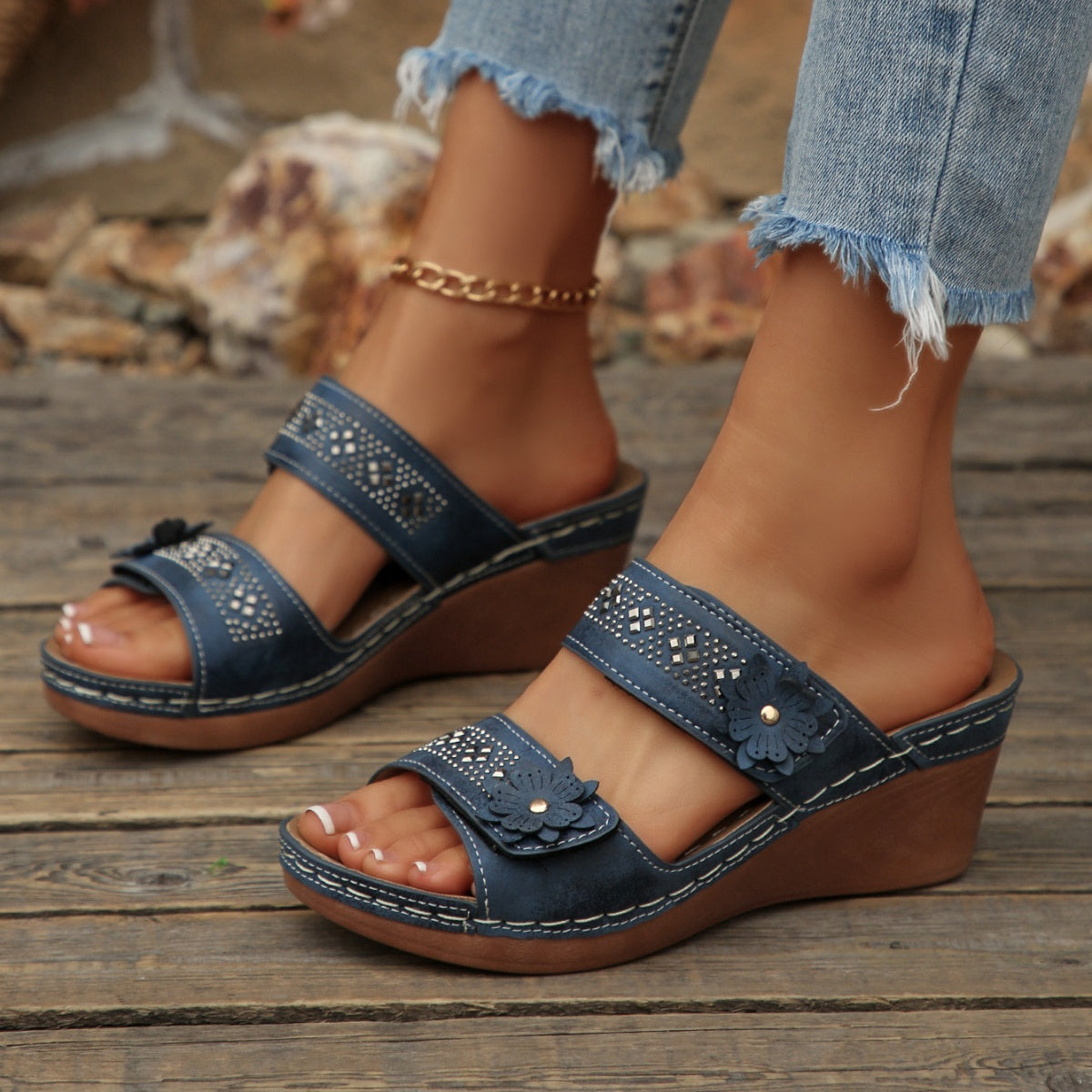 Women's Wedge Sandals Open Toe Floral Boho Studed Pu Leather Mid Heel Shoes