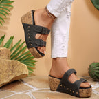 Casual Wedge Platform Sandals Double Buckle Strap Open Toe Mid Heels Shoes