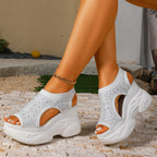 Casual Wedge Platform Sandals Rhinestone Beaded Cut Out Rubber Open Toe Shoes